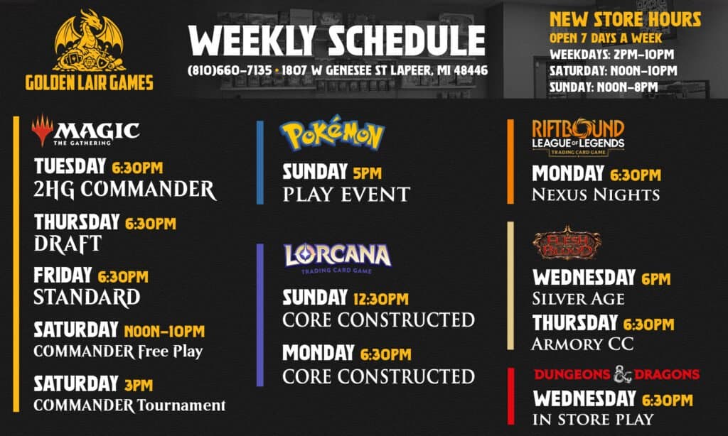 Golden Lair Games weekly schedule flyer